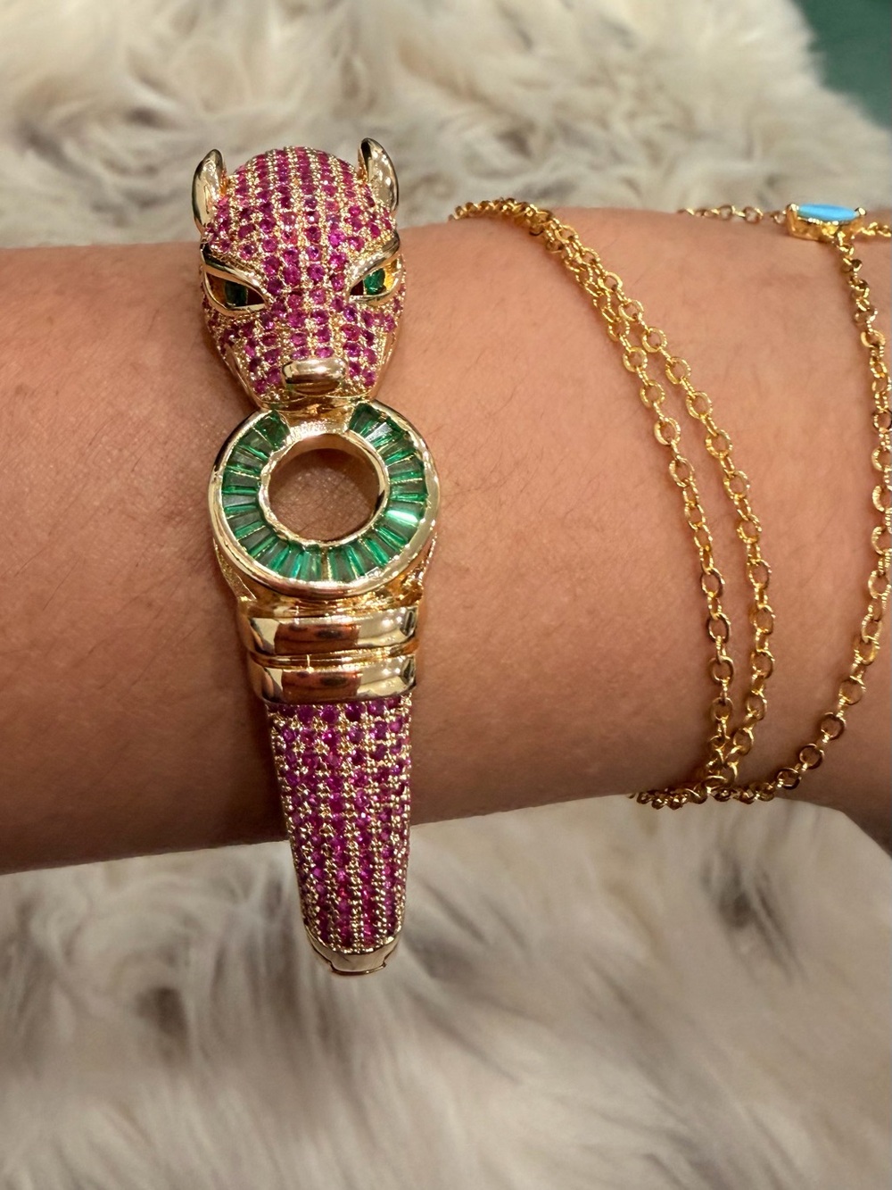 Gold Panther Cuff Bracelet with Pink and Green Stones